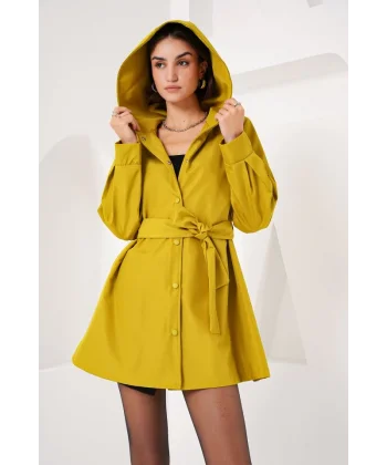 5934 Kapüşonlu Trençkot - Yağ Yeşil