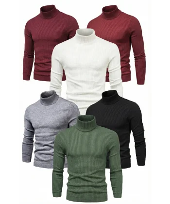 6lı Siyah, Beyaz, Bordo, Gri, Haki Unisex Kaşkorse Boğazlı Full Likralı Fitilli Body Kazak