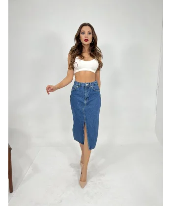 6478 DENİM MIDI SLIT SKIRT-MAVİ