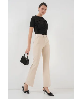 65 Kemerli İspanyol Paça Pantolon  Krem