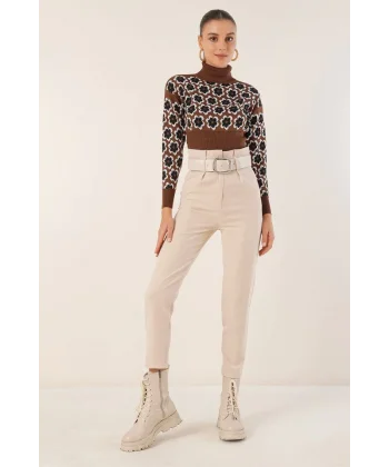 6556 Kemerli Kumaş Pantolon - Krem