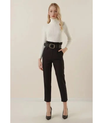 6556 Kemerli Kumaş Pantolon - Siyah