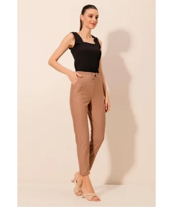 6560 Beli Lastikli Bağcıklı Pantolon  Camel