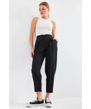 6637 Yüksek Bel Çizgili Kumaş Pantolon  Siyah