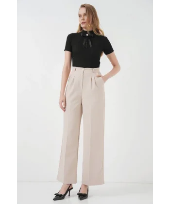 6647 Bol Paça Kumaş Pantolon  Krem