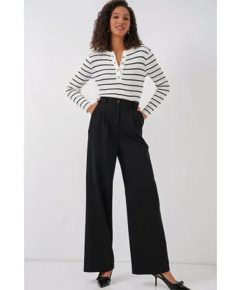 6647 Bol Paça Kumaş Pantolon  Siyah