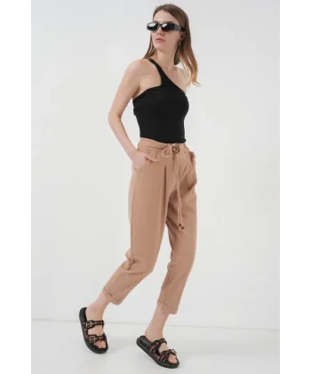 6660 Kemerli Keten Pantolon  Bisküvi