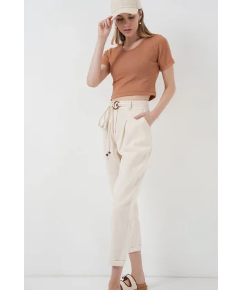 6660 Kemerli Keten Pantolon  Krem
