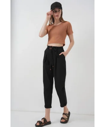 6660 Kemerli Keten Pantolon  Siyah