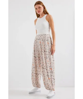 6665 Desenli Şalvar Pantolon  Krem