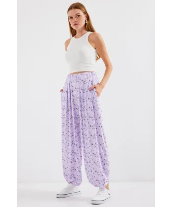 6665 Desenli Şalvar Pantolon  Lila
