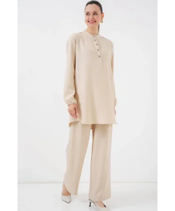 6678 Keten Tunik Pantolon İkili Takım - Bej