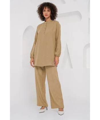6678 Keten Tunik Pantolon İkili Takım - Bisküvi