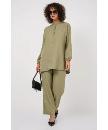 6678 Keten Tunik Pantolon İkili Takım - Çağla