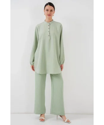 6678 Keten Tunik Pantolon İkili Takım - E.Yeşil