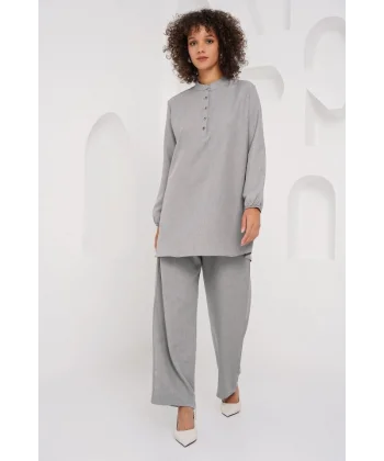 6678 Keten Tunik Pantolon İkili Takım - Gri