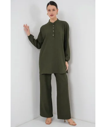 6678 Keten Tunik Pantolon İkili Takım - Haki
