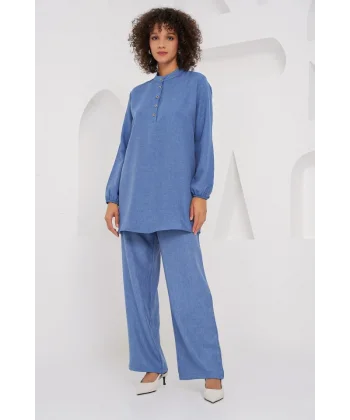 6678 Keten Tunik Pantolon İkili Takım - İndigo