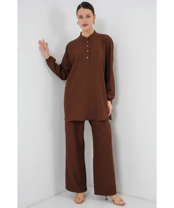 6678 Keten Tunik Pantolon İkili Takım - Kahverengi