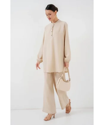 6678 Keten Tunik Pantolon İkili Takım - Krem