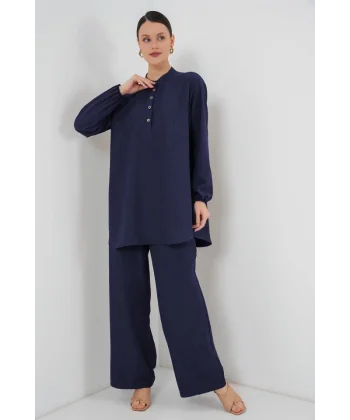 6678 Keten Tunik Pantolon İkili Takım - Lacivert