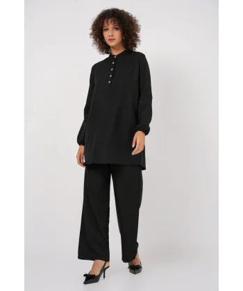 6678 Keten Tunik Pantolon İkili Takım - Siyah
