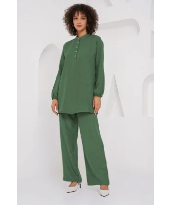 6678 Keten Tunik Pantolon İkili Takım - Zümrüt Yeşili