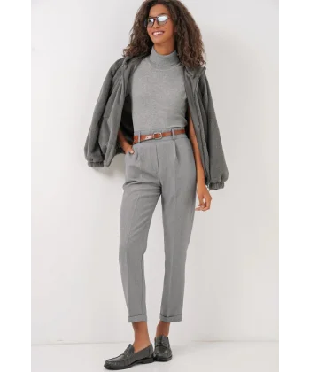 6686 Pileli Kemerli Kumaş Pantolon  Gri