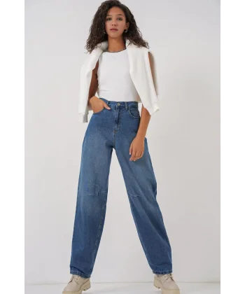 6689 Yüksek Bel Baggy Kot Pantolon  Lacivert