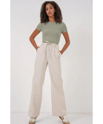 6690 Bol Paça Yüksek Bel Pantolon  Krem