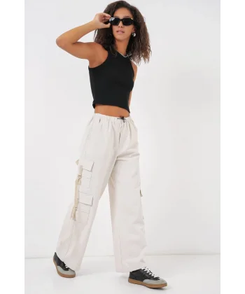6691 Geniş Paça Kargo Pantolon  Ekru