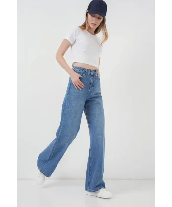 6702 Bol Paça Yüksek Bel Palazzo Kot Pantolon  Lacivert