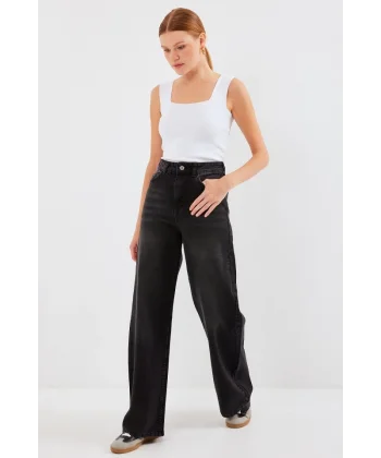 6702 Bol Paça Yüksek Bel Palazzo Kot Pantolon  Siyah