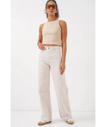 6704 Geniş Paça Yüksek Bel Kot Pantolon  Ekru