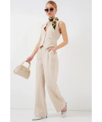 6709 Yelek Pantolon İkili Takım - Krem