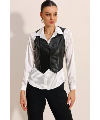 6790 Suni Deri Yelek  Siyah