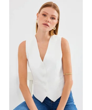 6796 Kısa Dokuma Yelek  Ekru