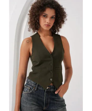 6796 Kısa Dokuma Yelek  Haki