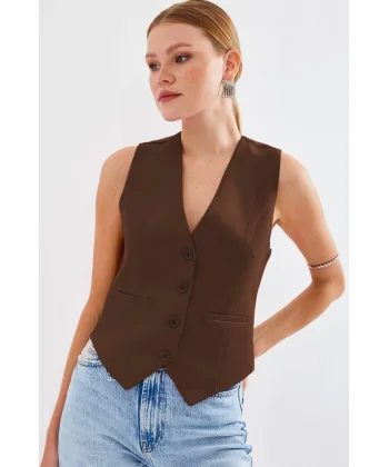 6796 Kısa Dokuma Yelek  Kahverengi