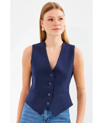6796 Kısa Dokuma Yelek  Lacivert