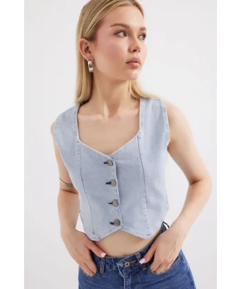 6797 Crop Kot Yelek  Mavi