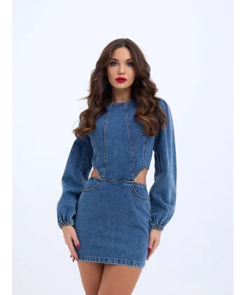 6834 WINDOWED DENIM DRESS-MAVİ