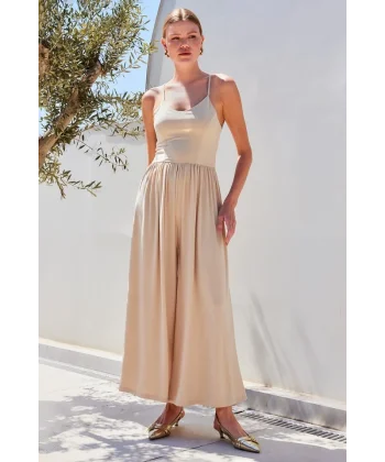 7029 Bol Paça Askılı Tulum  Bej