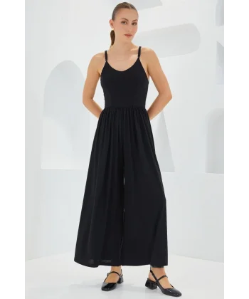 7029 Bol Paça Askılı Tulum  Siyah