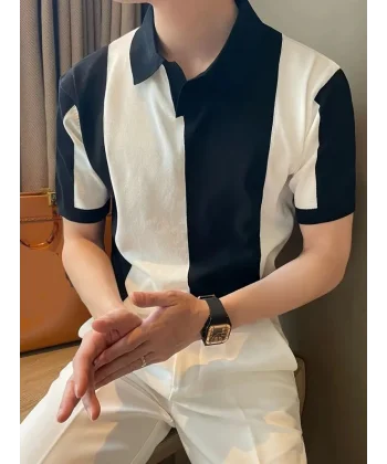 7Erkek Kısa Kollu Polo Yakalı Blok Desenli Triko Bluz