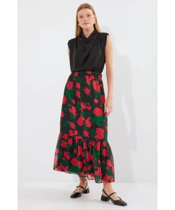 8010 Desenli Şifon Etek  F. Siyah