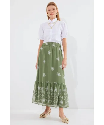 8010 Desenli Şifon Etek  Haki