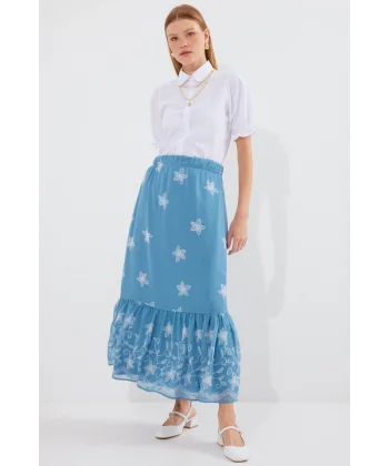 8010 Desenli Şifon Etek  İndigo