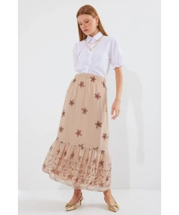 8010 Desenli Şifon Etek  Vizon