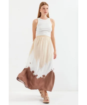 8025 Desenli Uzun Viskon Etek  Bej